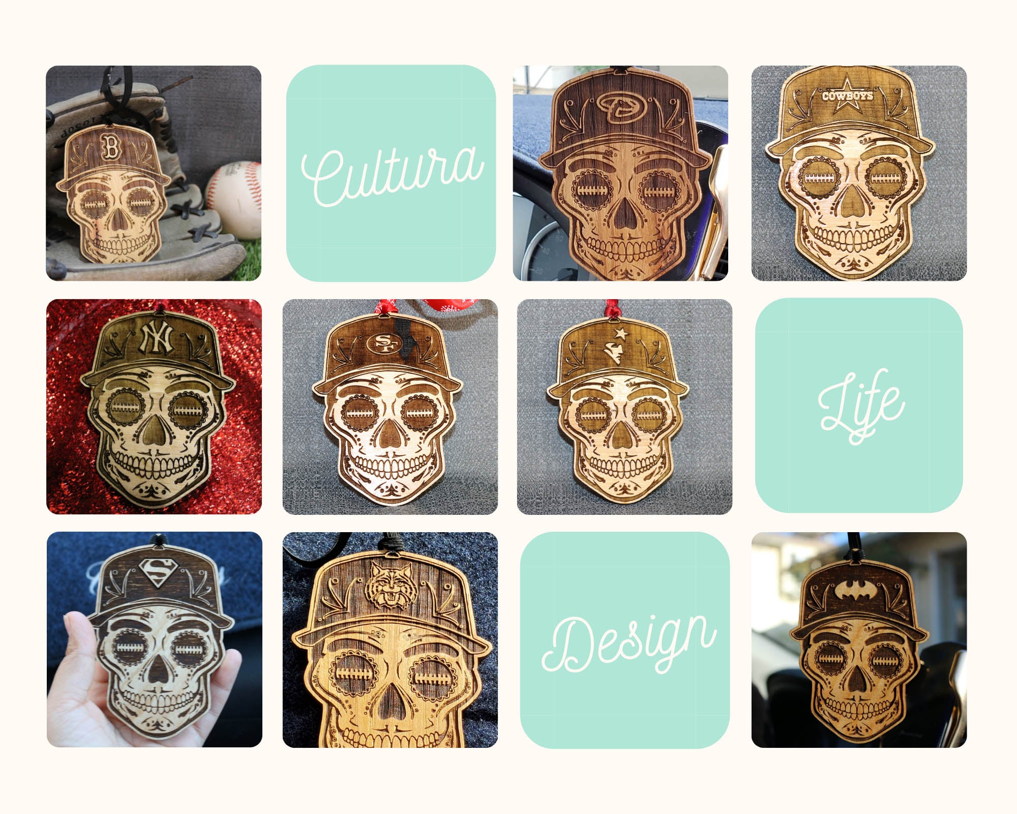 Baseball Sugar Skull Rearview Mirror Ornament - Show Your Team