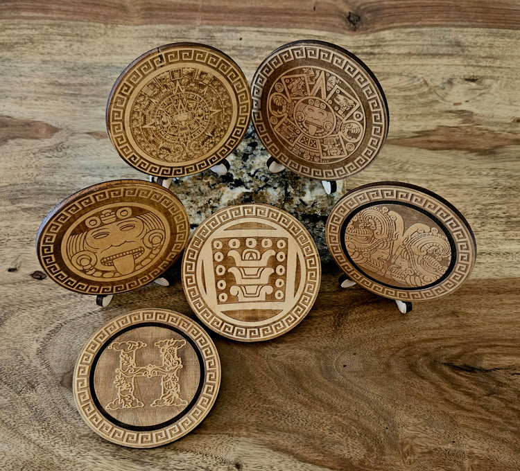 Personalized Aztec Calendar Wood Carved Coaster Set, Set of 6 - Cultura Life Design