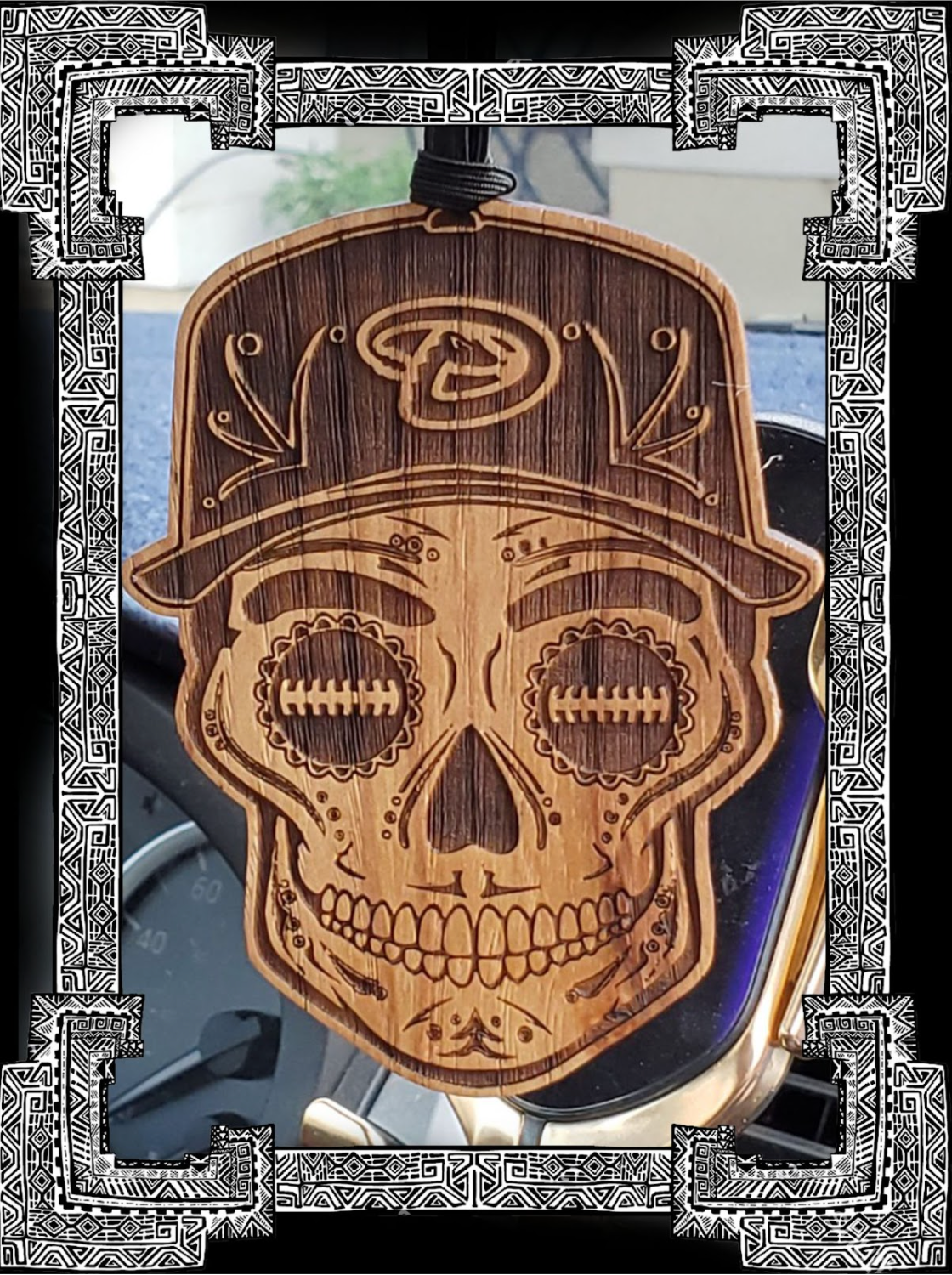 Baseball Sugar Skull Wood Engraved Ornament, MLB Inspired Fan Art, Rear-view Mirror Hanging Decoration - Cultura Life Design