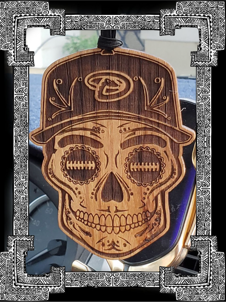 Baseball Sugar Skull Wood Engraved Ornament, MLB Inspired Fan Art, Rear-view Mirror Hanging Decoration - Cultura Life Design