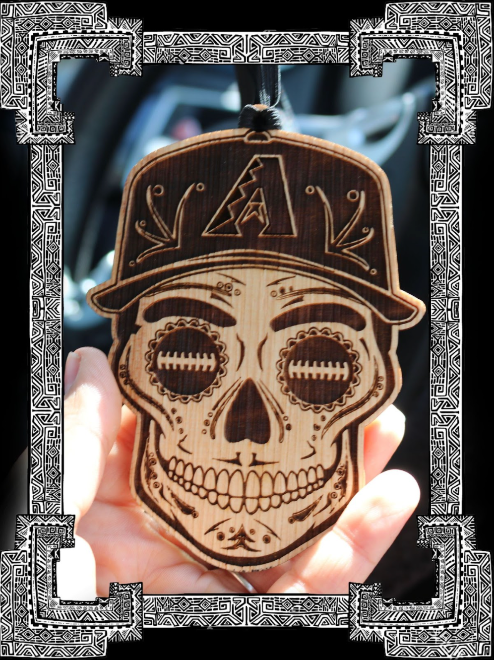Baseball Sugar Skull Wood Engraved Ornament, MLB Inspired Fan Art, Rear-view Mirror Hanging Decoration - Cultura Life Design
