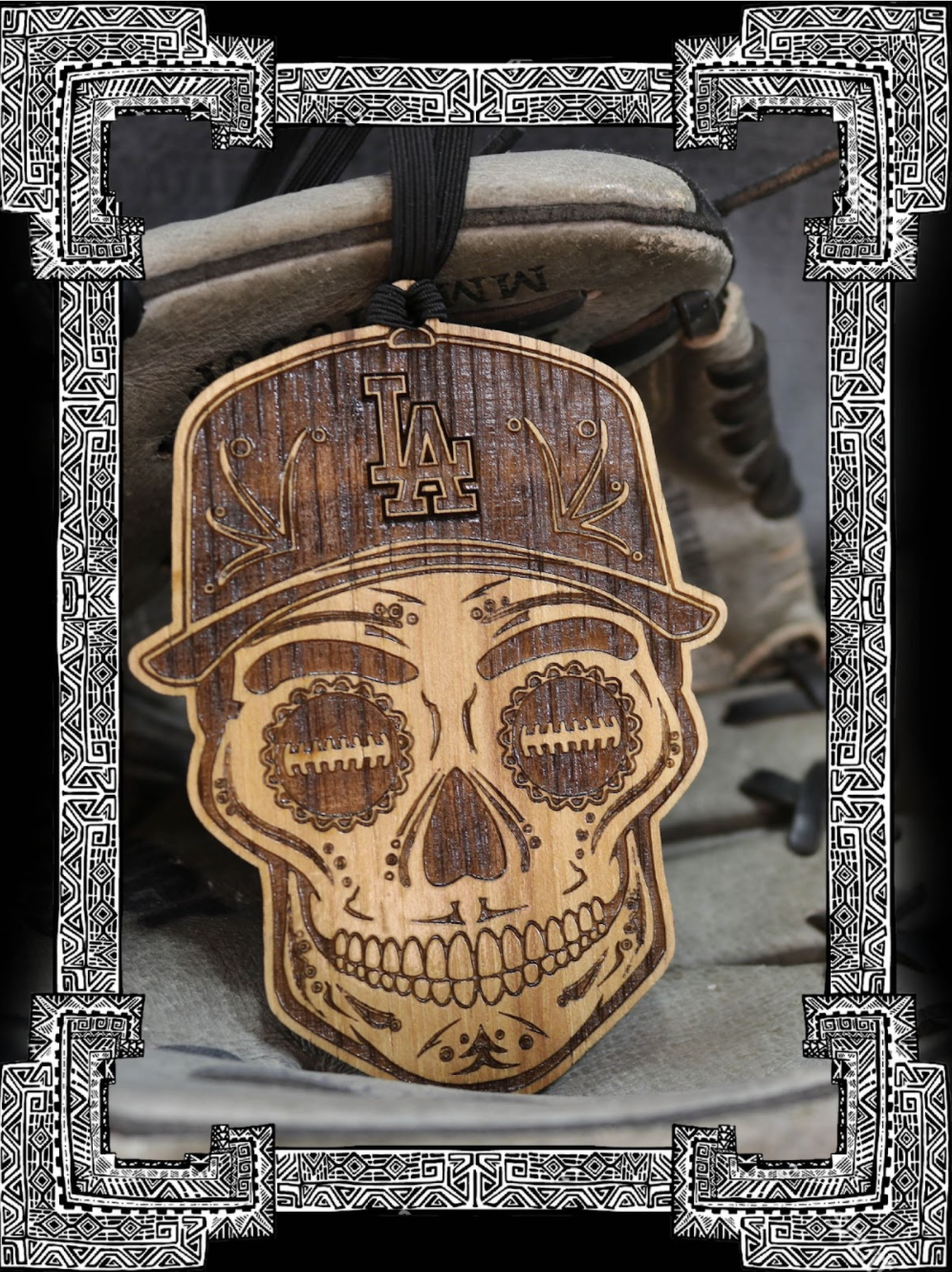 Baseball Sugar Skull Wood Engraved Ornament, MLB Inspired Fan Art, Rear-view Mirror Hanging Decoration - Cultura Life Design