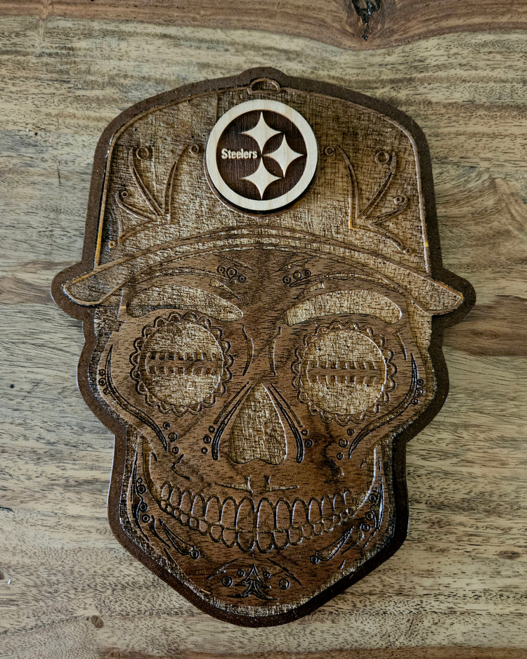 Sports Sugar Skull Wood Engraved Wall Plaques, NFL, MBL, NBA Inspired Fan Art - Cultura Life Design