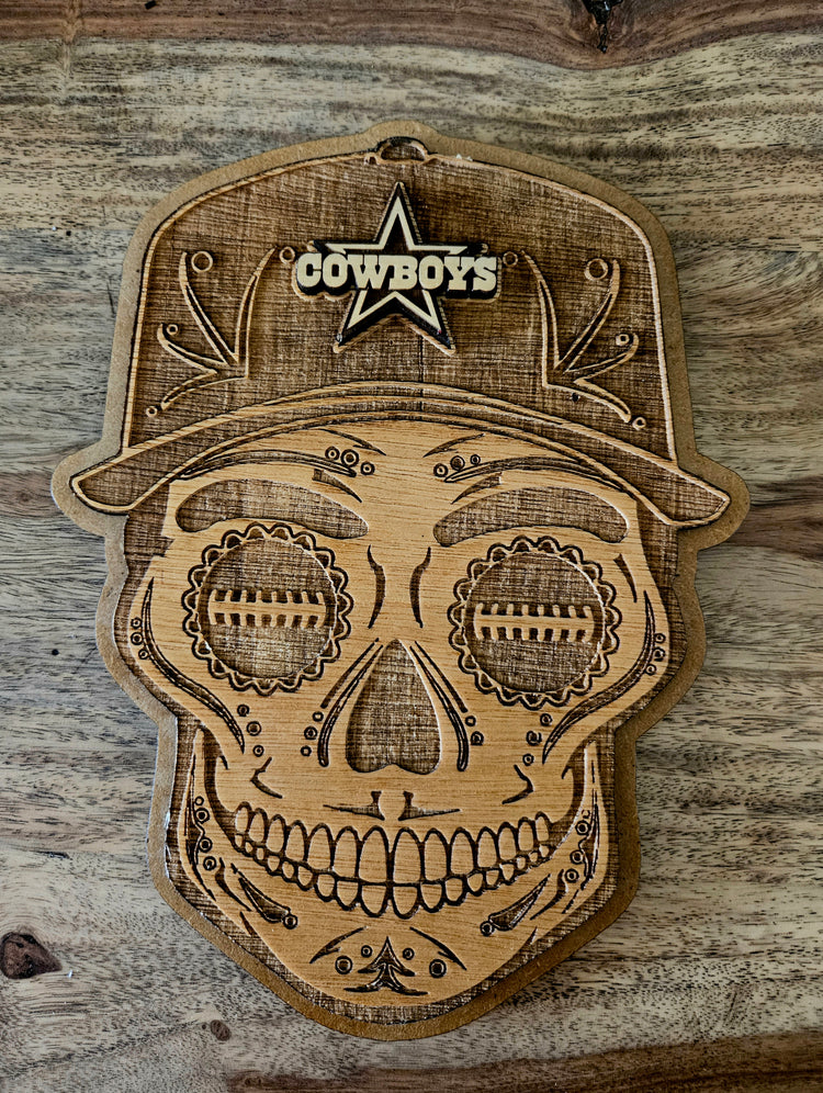 Sports Sugar Skull Wood Engraved Wall Plaques, NFL, MBL, NBA Inspired Fan Art - Cultura Life Design