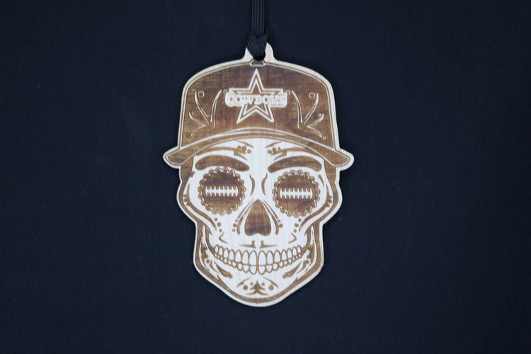 Football Sugar Skull Wood Engraved Ornament, NFL inspired fan Art, rear-view mirror Hanging Decoration - Cultura Life Design