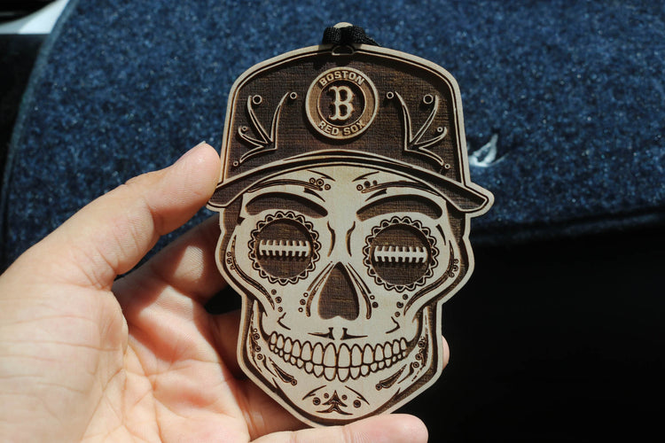 Baseball Sugar Skull Wood Engraved Ornament, MLB Inspired Fan Art, Rear-view Mirror Hanging Decoration - Cultura Life Design