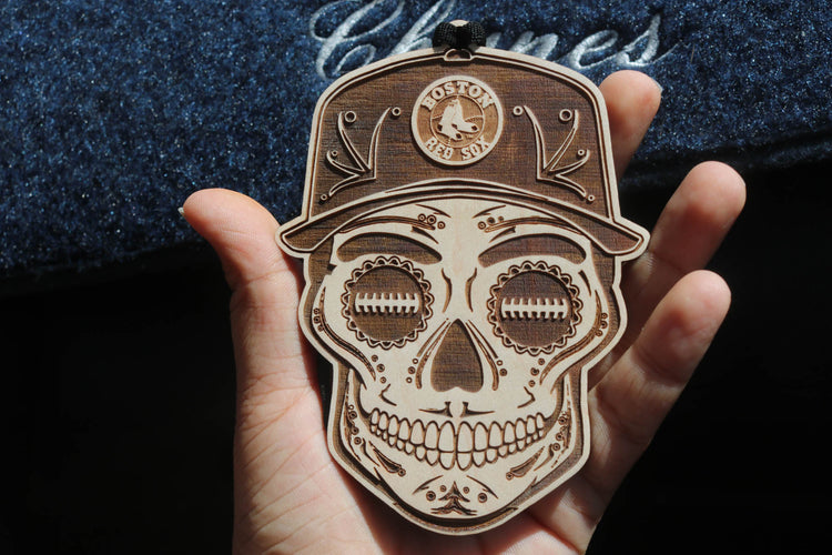 Baseball Sugar Skull Wood Engraved Ornament, MLB Inspired Fan Art, Rear-view Mirror Hanging Decoration - Cultura Life Design