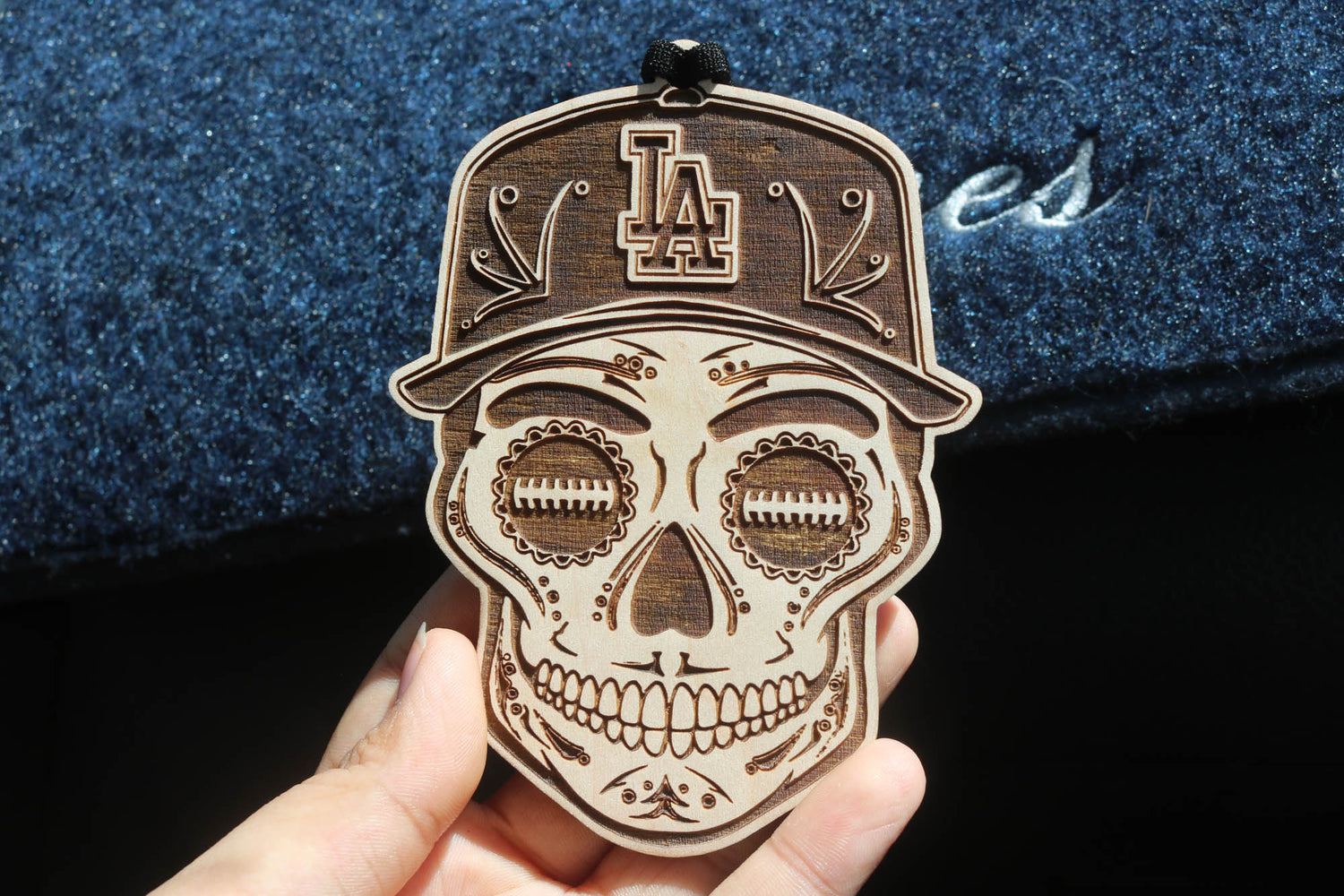 Baseball Sugar Skull Wood Engraved Ornament, MLB Inspired Fan Art, Rear-view Mirror Hanging Decoration - Cultura Life Design