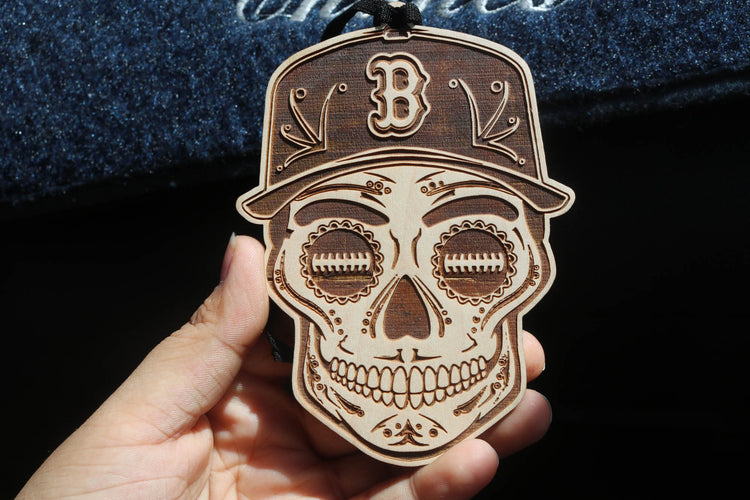 Baseball Sugar Skull Wood Engraved Ornament, MLB Inspired Fan Art, Rear-view Mirror Hanging Decoration - Cultura Life Design