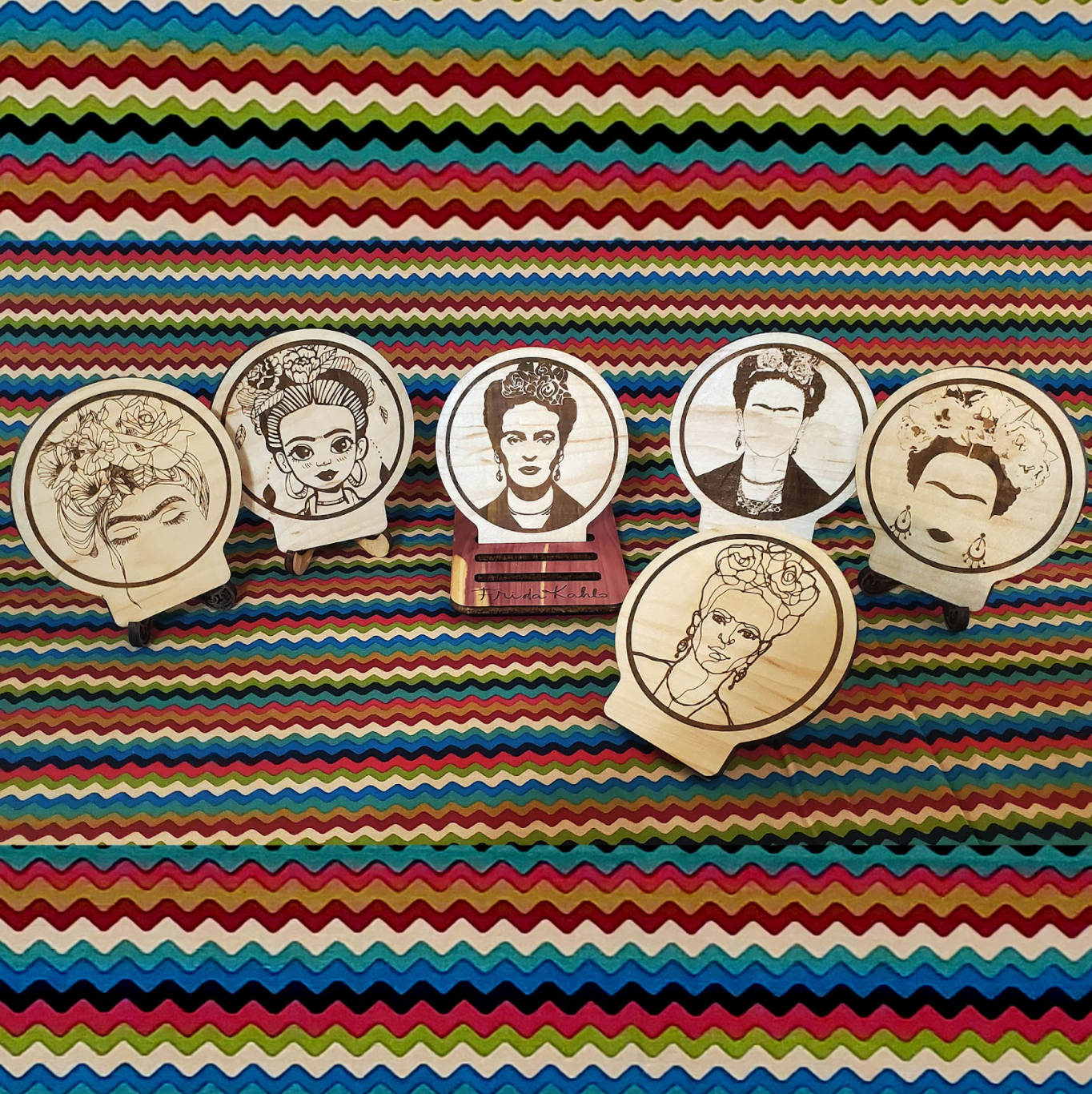 Frida Kahlo Inspired Wood Engraved Coasters, Set of 6 with Holder - Cultura Life Design