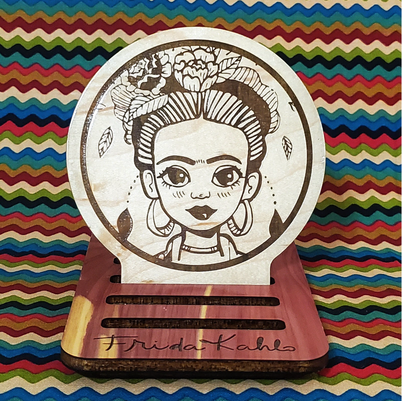 Frida Kahlo Inspired Wood Engraved Coasters, Set of 6 with Holder - Cultura Life Design