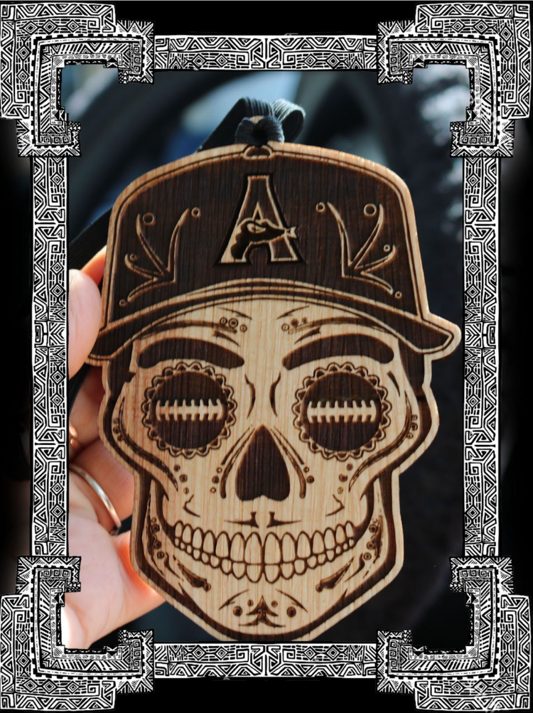 Baseball Sugar Skull Wood Engraved Ornament, MLB Inspired Fan Art, Rear-view Mirror Hanging Decoration - Cultura Life Design