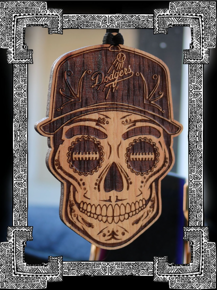 Baseball Sugar Skull Wood Engraved Ornament, MLB Inspired Fan Art, Rear-view Mirror Hanging Decoration - Cultura Life Design